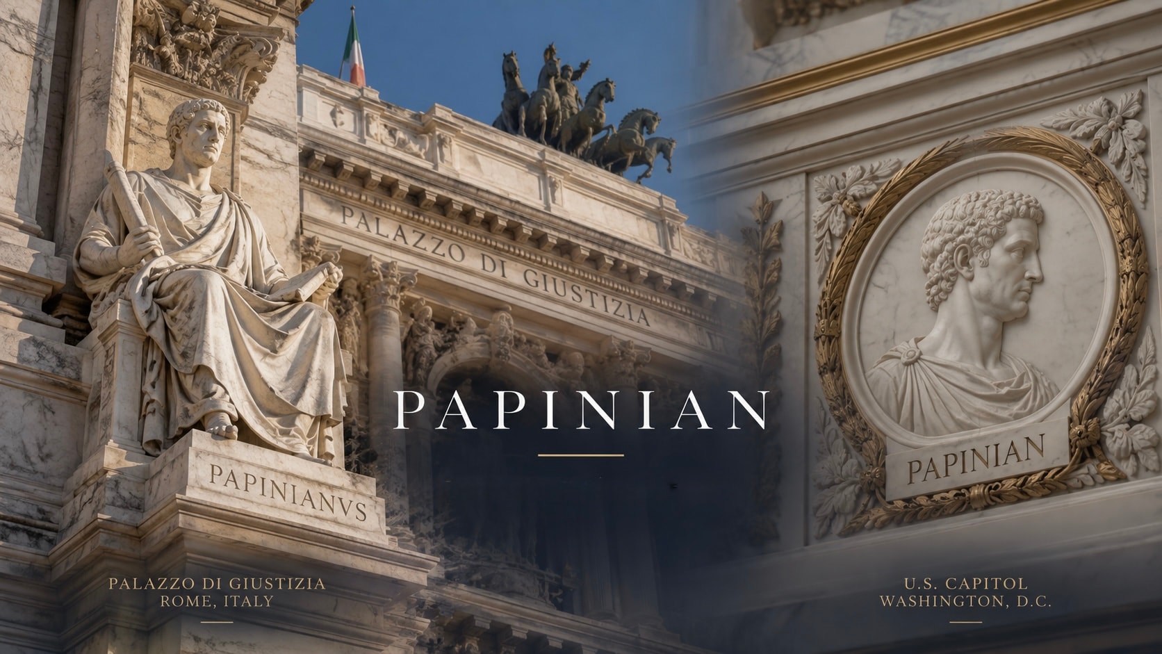 Editorial illustration of commemorations of Papinian at the Palazzo di Giustizia in Rome and the U.S. Capitol in Washington.